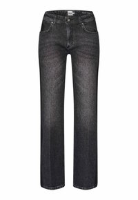 Schwarze Jeans aus Denim mit geradem Bein, fünf Taschen und Kontrastnähten. Der Stoff hat eine weiche Textur und leicht ausgewaschene Stellen.