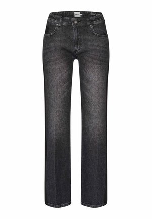Zwarte denim jeans met een rechte pijp, vijf zakken en contraststiksel. De stof heeft een zachte textuur en lichte vervaagde gebieden.