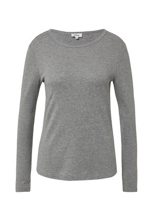 Ein einfarbiges graues Langarmshirt mit Rundhalsausschnitt, das über eine glatte Stoffoberfläche verfügt und einen regulären Schnitt hat. Es wird vor einem weißen Hintergrund präsentiert.