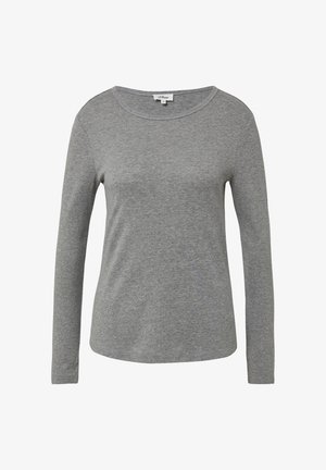 Ein einfarbiges graues Langarmshirt mit Rundhalsausschnitt, das über eine glatte Stoffoberfläche verfügt und einen regulären Schnitt hat. Es wird vor einem weißen Hintergrund präsentiert.