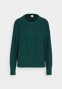 Pull tricoté vert foncé avec un col rond, présentant des motifs torsadés, des poignets côtelés et un corps texturé. Matière en mélange laine douce.