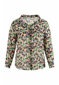 Chemise multicolore boutonnée en tissu léger. Elle présente un col, des manches longues et un motif abstrait animé aux tons verts, rouges et bleus.