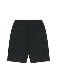 Shorts noirs longueur genou avec taille élastique, cordon de serrage et poches latérales, présentés sur fond blanc.