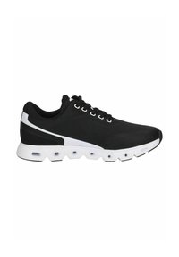 Black athletic shoes with a sleek design, featuring a textured upper, white accents, and a patterned sole with ventilation holes.