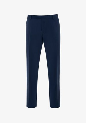 Navy blauwe op maat gemaakte broek met een platte voorkant, rechte pijpen, riemlussen en subtiele stiksel langs de taille.