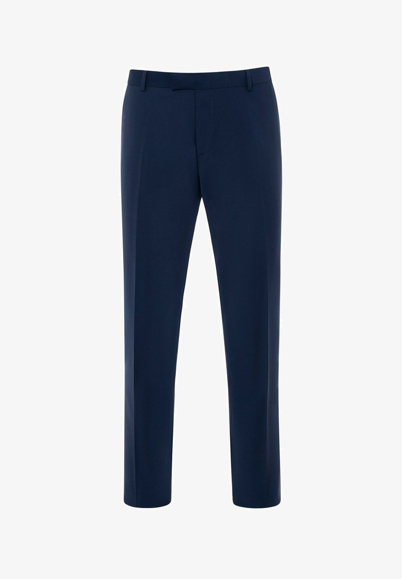 Pantalons ajustés bleu marine avec devant plat, design à jambe droite, passants de ceinture et couture discrète le long de la taille.