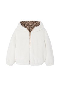 Weiße Kunstpelz-Jacke mit Reißverschluss und Innenfutter im Leopardenmuster. Sie verfügt über eine Kapuze und elastische Bündchen, die ein weiches, strukturiertes Erscheinungsbild bieten.