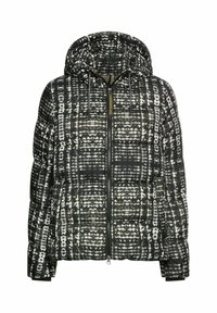 Gepolsterte Kapuzenjacke mit einem schwarz-weißen geometrischen Muster, ausgestattet mit einem vorderen Reißverschluss, einer Kordelzugkapuze und einer Struktur aus gestepptem Stoff.