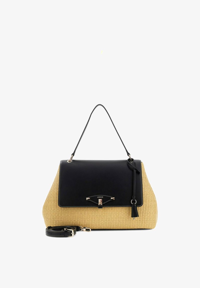 Sac à main avec corps tissé beige et rabat en cuir noir, poignée, bandoulière amovible, fermoir en métal et logo Guess à l'avant.