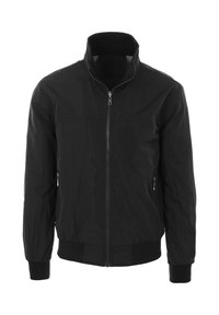 Giacca bomber nera con zip frontale, colletto alto e polsini elastici. Realizzata in tessuto liscio con tasche laterali con zip, presenta un design aerodinamico.