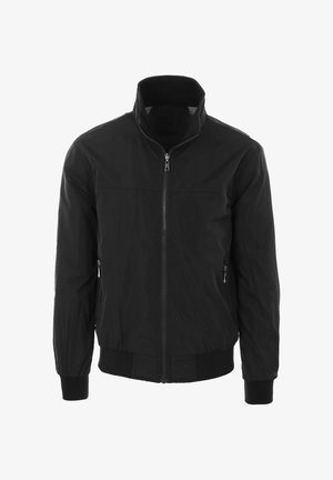 Giacca bomber nera con zip frontale, colletto alto e polsini elastici. Realizzata in tessuto liscio con tasche laterali con zip, presenta un design aerodinamico.