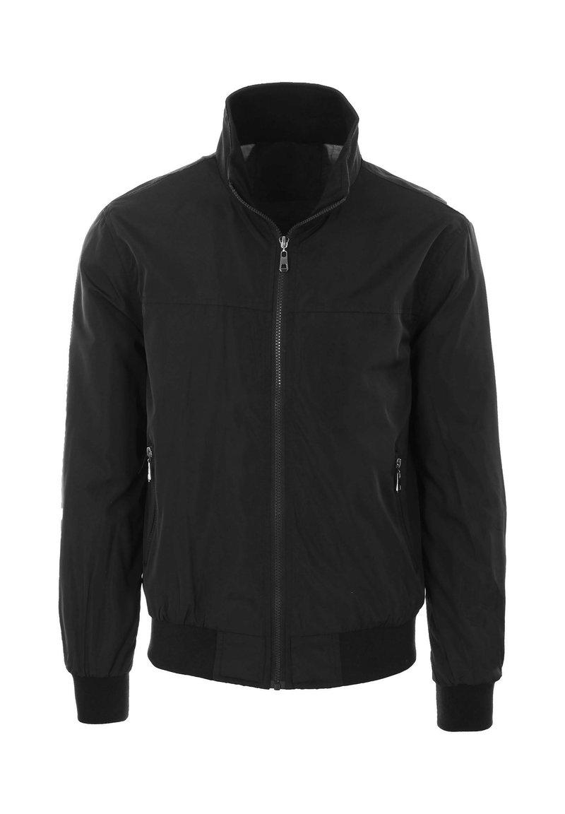 Giacca bomber nera con zip frontale, colletto alto e polsini elastici. Realizzata in tessuto liscio con tasche laterali con zip, presenta un design aerodinamico.