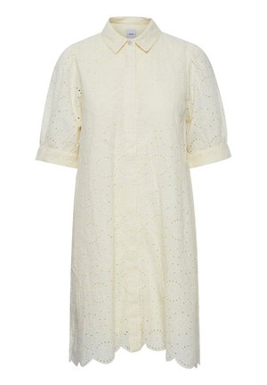 Knapp-up skjortekjole i lysegul med broderede øjelets mønstre, korte pufærmer og en bølget kant.