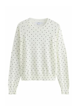 Weißer Pullover aus weichem Strickstoff mit einem Polka-Dot-Muster aus kleinen braunen Herzen. Rundhalsausschnitt sowie gerippte Bündchen und Saum.
