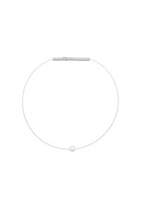 Silberdraht-Halskette mit einer einzelnen runden weißen Perle in der Mitte, minimalistisches Design mit einer glatten, eleganten Oberfläche.