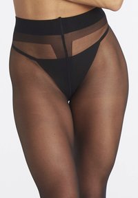 Schwarze durchsichtige, hochtaillierte Strumpfhosen mit geometrischem Ausschnitt-Design, ausgestattet mit dünnen Trägern und einer glatten, transparenten Textur.