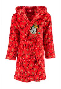 Accappatoio rosso in pile con cappuccio, caratterizzato da un motivo con teste d'oro di Mickey Mouse e luci natalizie colorate, e una toppa di Minnie Mouse sul davanti.