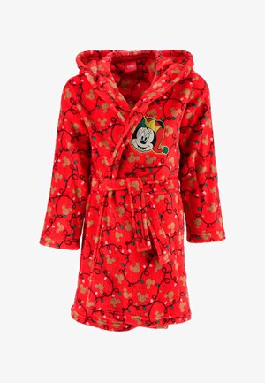Red fleece bathrobe with a hood, featuring a pattern of gold Mickey Mouse heads and colorful holiday lights, and a Minnie Mouse patch on the front.
