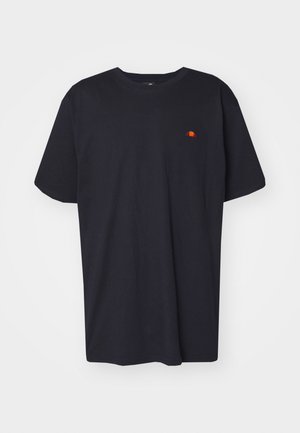 Black cotton t-shirt with a relaxed fit, featuring a small embroidered logo in red and yellow on the chest. Short sleeves and round neck.