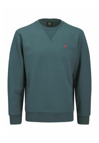 Dunkelblaues Sweatshirt mit langen Ärmeln; runder Ausschnitt; mit einem kleinen roten Punktlogo auf der linken Brust; aus weichem Material gefertigt.