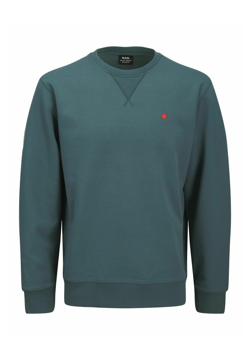 Dunkelblaues Sweatshirt mit langen Ärmeln; runder Ausschnitt; mit einem kleinen roten Punktlogo auf der linken Brust; aus weichem Material gefertigt.