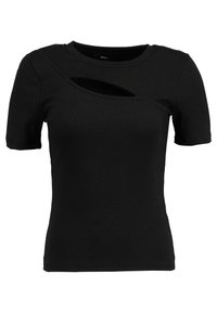 Svart ribbad kortärmad topp med en distinkt cutout-detalj fram. Minimalistisk design med en mjuk textur.
