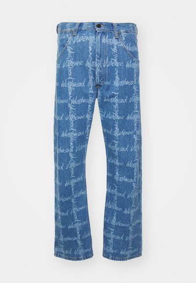 Blue denim jeans with a straight-leg cut, featuring repeated "Vivienne Westwood" text pattern in white. Classic five-pocket design.