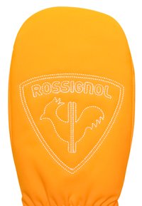 Orangene Handschuh aus glattem, strapazierfähigem Stoff mit einem weißen gestickten Logo von "Rossignol" und einem Hahnsymbol. Elastisches Handgelenk für eine sichere Passform.