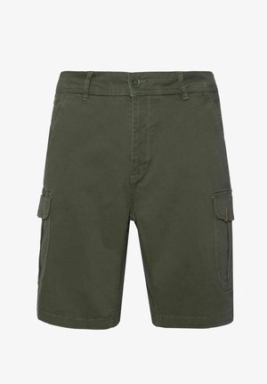 Olivgrüne Cargo-Shorts mit Knopfverschluss, mehreren Seitentaschen und geradem Schnitt. Aus robustem Stoff, geeignet für die Freizeit.