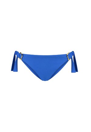 Slip inferiore blu in bikini realizzato in tessuto testurizzato, con lacci regolabili ai lati e accenti in hardware color oro. Taglio classico e finitura liscia.