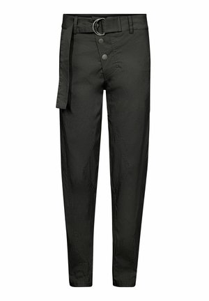 Schwarze, schmal zulaufende Hose mit hohem Bund, doppelten Druckknöpfen, einem Stoffgürtel mit Metallschnalle in Ringform und detaillierter Nahtführung.