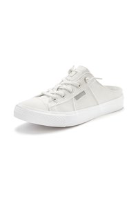 White canvas slip-on shoes with a rounded toe, lace-up front, and textured rubber sole; features a logo accent on the side.