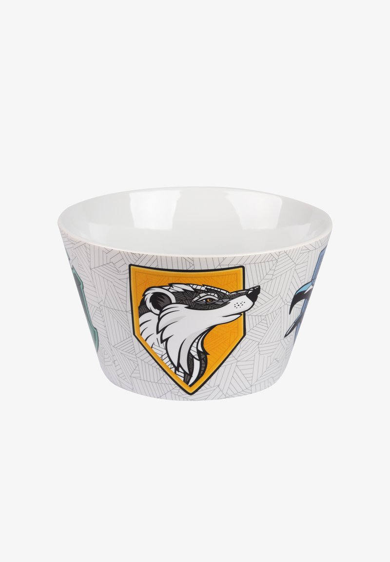 Ciotola di ceramica con un interno e un esterno bianchi lisci, caratterizzata da un motivo geometrico, stemmi familiari e grafiche di animali stilizzati.