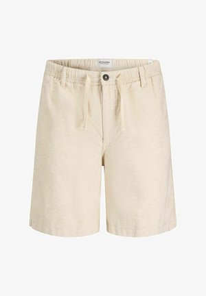 Beige shorts i lättviktig tyg, med elastisk midja och snörning, framknapp och sidofickor.