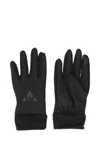 Mustat hanskat, jotka on valmistettu joustavasta kankaasta ja joissa on karhennettu ote yksityiskohtina kämmenissä. Varustettu logolla ranteen alueella ja tiukka istuvuus rannekkeissa.