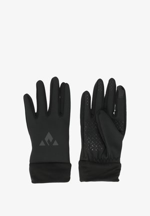 Mustat hanskat, jotka on valmistettu joustavasta kankaasta ja joissa on karhennettu ote yksityiskohtina kämmenissä. Varustettu logolla ranteen alueella ja tiukka istuvuus rannekkeissa.