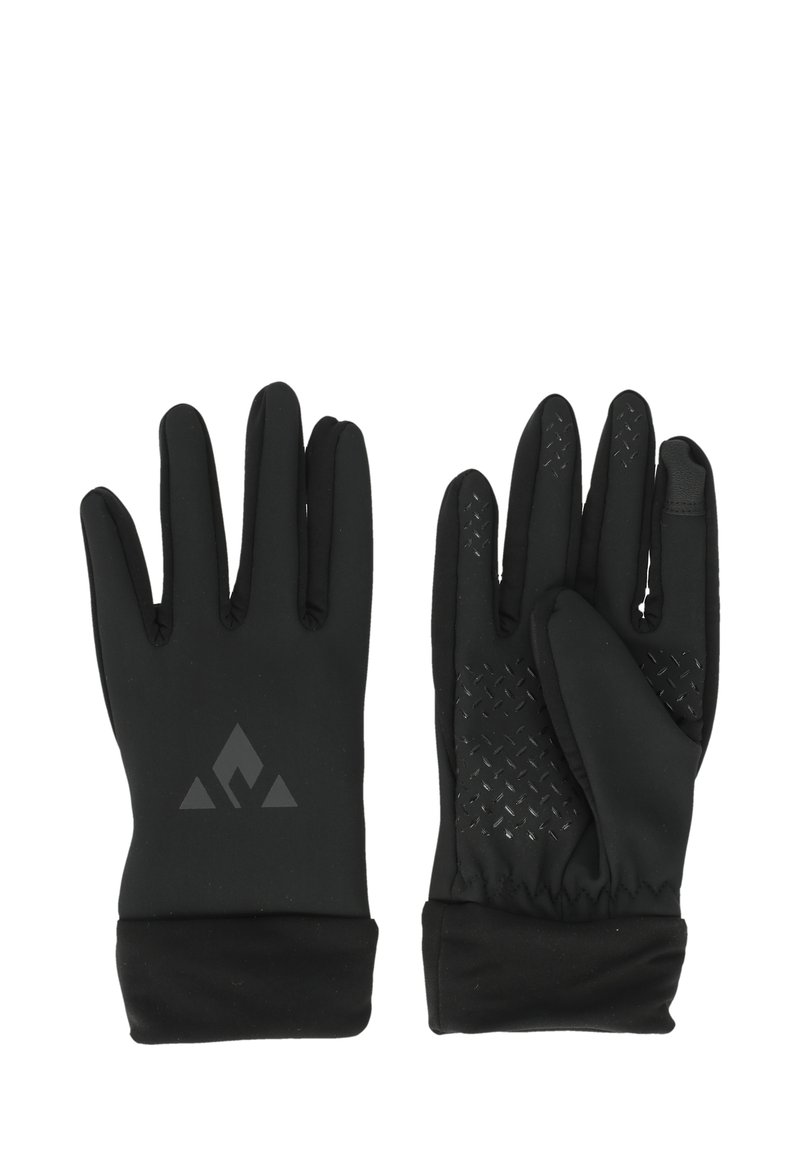 Mustat hanskat, jotka on valmistettu joustavasta kankaasta ja joissa on karhennettu ote yksityiskohtina kämmenissä. Varustettu logolla ranteen alueella ja tiukka istuvuus rannekkeissa.