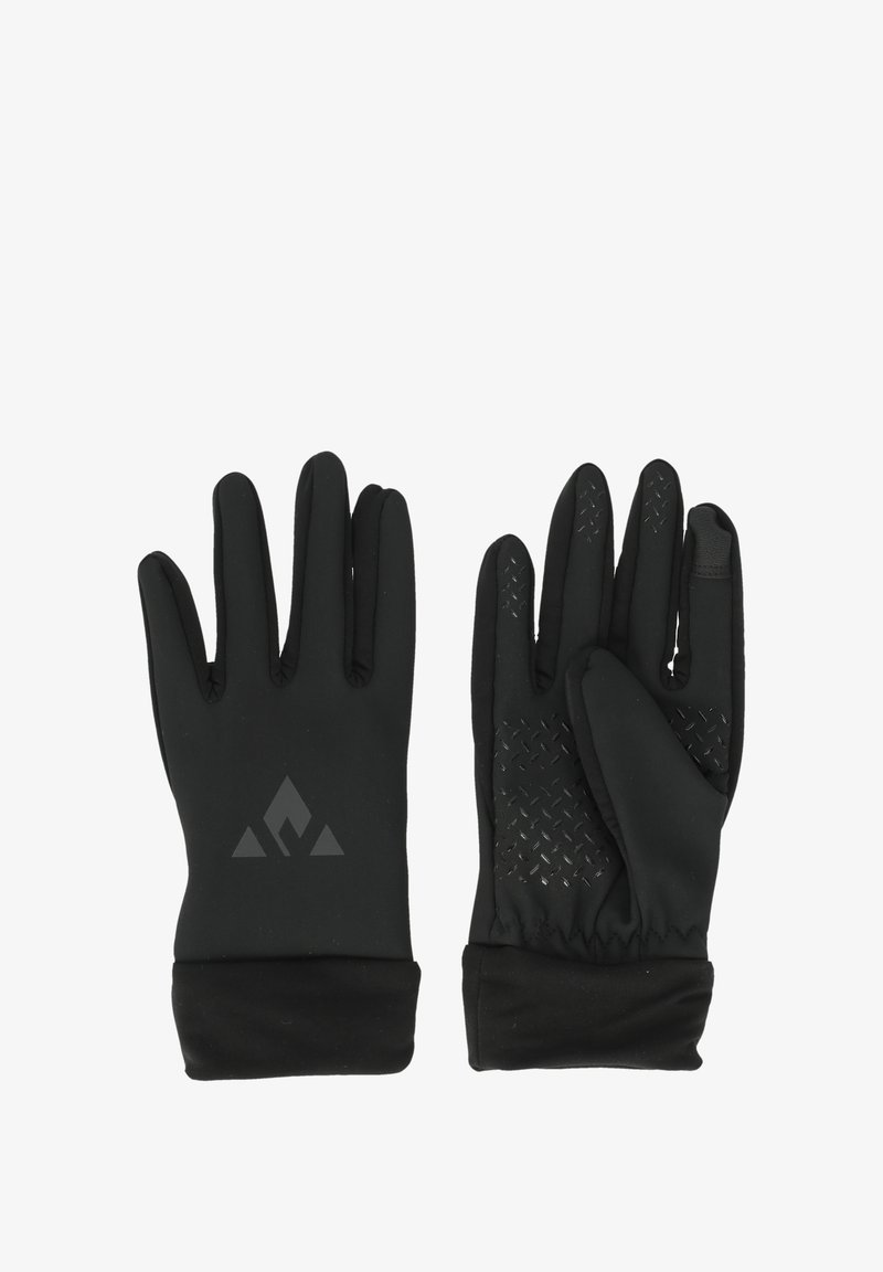 Mustat hanskat, jotka on valmistettu joustavasta kankaasta ja joissa on karhennettu ote yksityiskohtina kämmenissä. Varustettu logolla ranteen alueella ja tiukka istuvuus rannekkeissa.