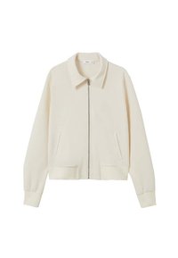 Giacca color crema con colletto, chiusura frontale a zip e due tasche laterali. Presenta un design corto e aderente con polsini e orlo a coste.