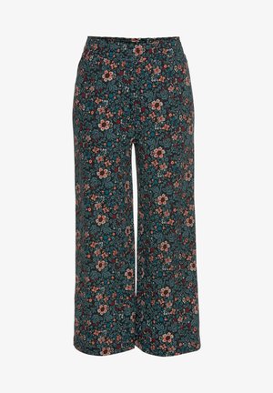Floral wide-leg trousers in dark green with multicolored flowers. Elastic waist, lightweight fabric, loose fit, and wide bottom hem.