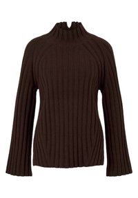 Ciemnobrązowy sweter z prążkowanej dzianiny, z długimi rękawami i wysokim, lekko rozciętym kołnierzem typu mock neck.
