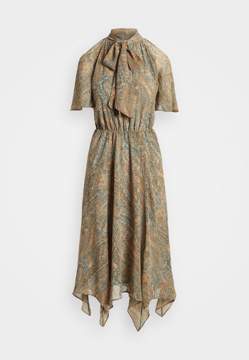 Braun und türkisfarbene Paisley-Druckkleid mit hohem Kragen und Schleifenbindung, kurzen Ärmeln, elastischem Bund und asymmetrischem Saum. Leichtes Material.