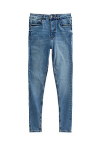 Blå denim skinny jeans med medelhög midja, fem fickor och subtila blekningar. Har bältesloopar och orange sömnadsdetaljer.