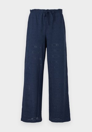 Σκούρο μπλε παντελόνια με φαρδιά σκέλη, ελαστική μέση και κορδόνι, με κεντητά λουλούδια με οπές σε όλο το ύφασμα.