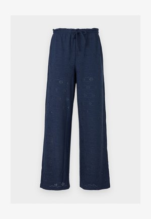 Σκούρο μπλε παντελόνια με φαρδιά σκέλη, ελαστική μέση και κορδόνι, με κεντητά λουλούδια με οπές σε όλο το ύφασμα.