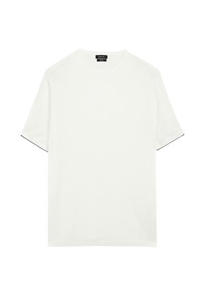 Biała koszulka z krótkim rękawem wykonana z bawełny. Posiada okrągły dekolt i czarne przeszycia na krawędziach rękawów dla kontrastu.