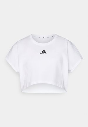Λευκό κοντό t-shirt από βαμβάκι, με μαύρο λογότυπο Adidas μπροστά, κοντά μανίκια και στρογγυλή λαιμόκοψη. Ομαλή υφή.