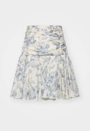 Leichte Blumenrock in Creme und Blau, mit gerafftem Bund und gefaltetem Design, aus einem weichen Stoff mit dezentem Textur.