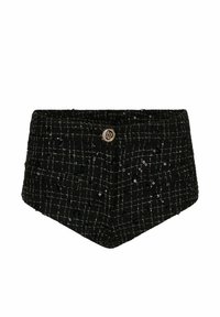 Black tweed shorts with a grid pattern, featuring metallic accents, a decorative button, and a textured fabric embellished with sequins.