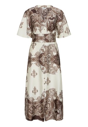 Rochie midi cu nasturi în față, mâneci scurte largi, decolteu în V, talie strânsă și model paisley maro pe fundal crem.